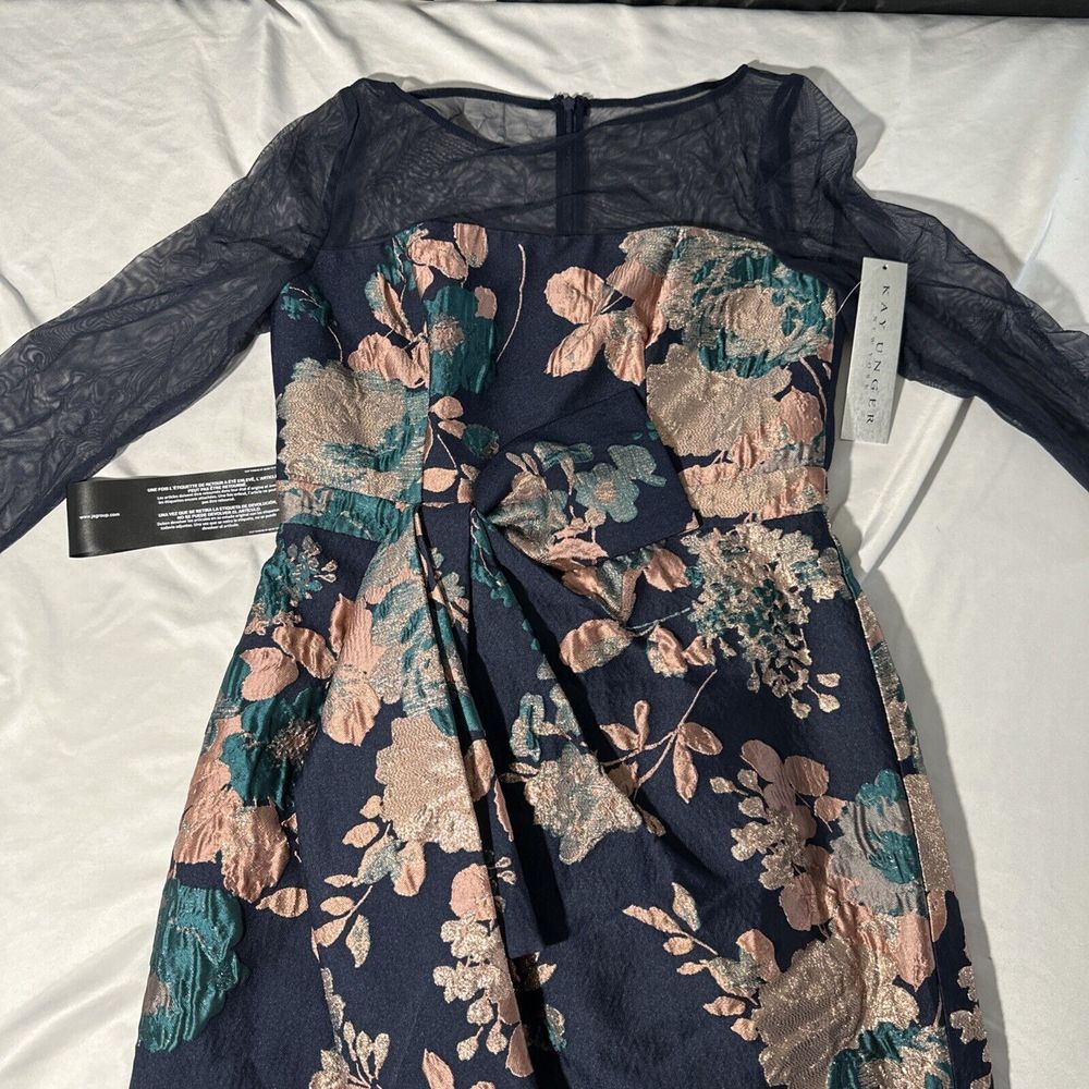 NWT $318 Kay Unger [ 6 ] Floral Jacquard Catrina 3D Bow‎ Gown Navy ApricotBlue - Picture 3 of 15